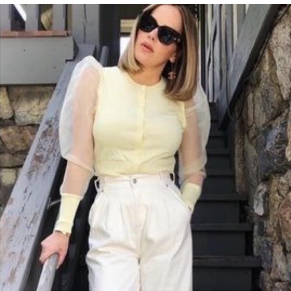 Zara Yellow Cardigan Button-up Organza Sleeves Size Small